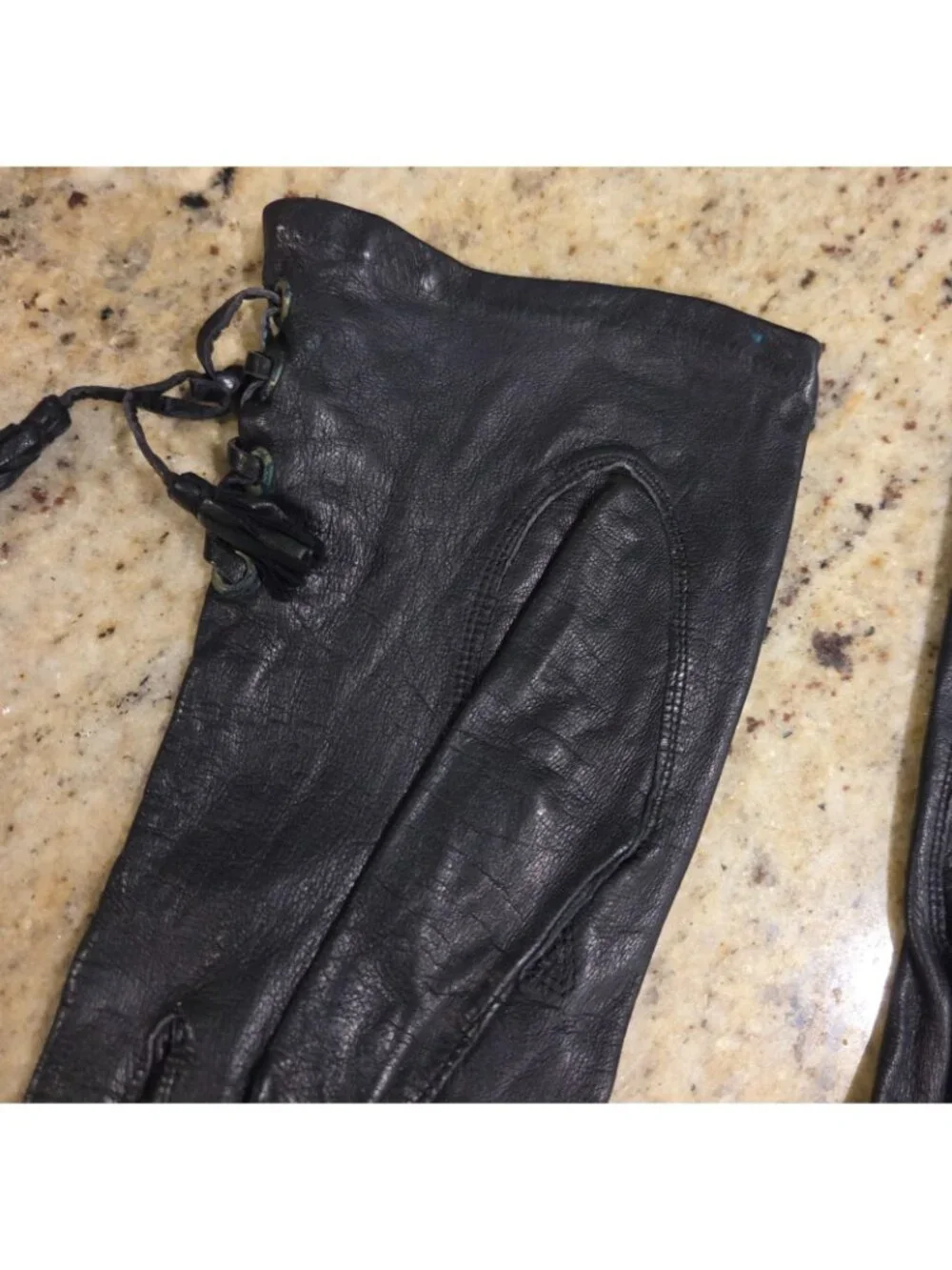 Vintage Womens Size S/M 6.5 Black Leather Gloves Tassle Lace Grommet Biker